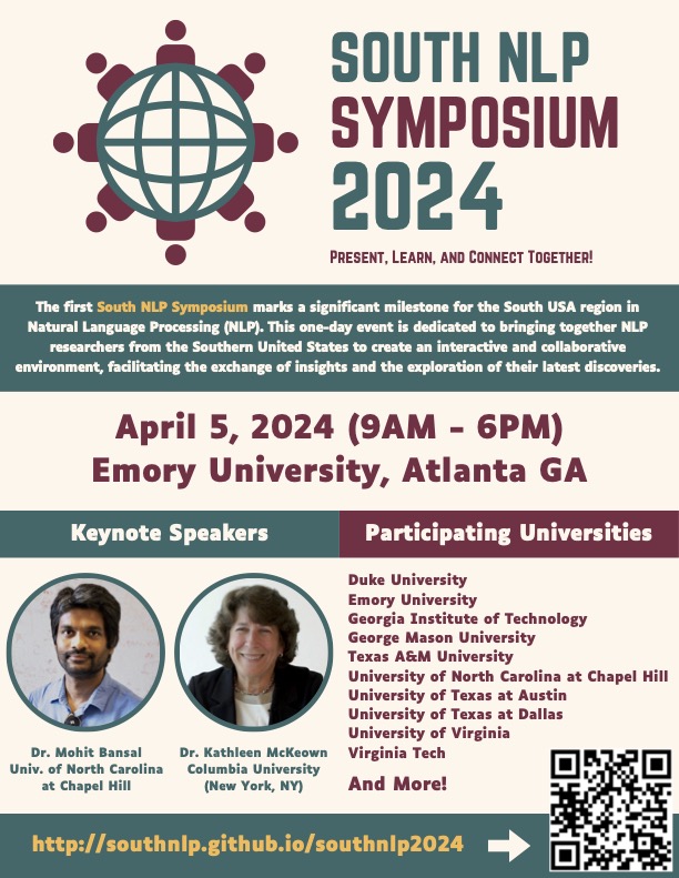 The 1st South NLP Symposium will take place on April 5, 2024 (F) at Emory University (Atlanta, GA): southnlp.github.io/southnlp2024/ The event date is rescheduled from March 29 to prevent any conflicts with other venues. The new paper deadline is February 7, 2024: southnlp.github.io/southnlp2024/c…