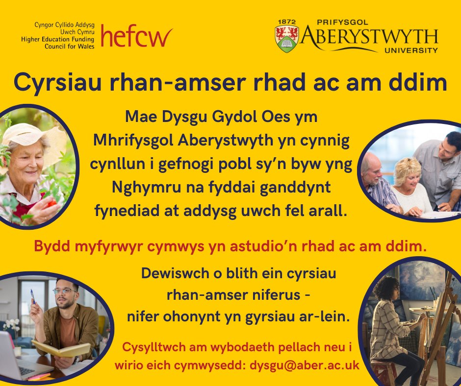 Dysgu Gydol Oes Aberystwyth Lifelong Learning (@aber_lll) on Twitter photo π’ Newyddion π’
Diolch i gyllid gan <a href="/HEFCW/">HEFCW | CCAUC</a> rydym yn cynnig cynllun hepgor ffioedd i gefnogi pobl na fyddai ganddynt fynediad at addysg uwch fel arall.
Mae gennym amrywiaeth eang o gyrsiau rhan-amser - nifer ohonynt ar-lein π»
Gwybodaeth pellach: aber.ac.uk/.../gwybodae..β¦ π’ Newyddion π’
Diolch i gyllid gan <a href="/HEFCW/">HEFCW | CCAUC</a> rydym yn cynnig cynllun hepgor ffioedd i gefnogi pobl na fyddai ganddynt fynediad at addysg uwch fel arall.
Mae gennym amrywiaeth eang o gyrsiau rhan-amser - nifer ohonynt ar-lein π»
Gwybodaeth pellach: aber.ac.uk/.../gwybodae..β¦