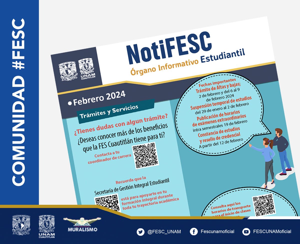 FESC_UNAM's tweet photo. Comunidad #FESCuautitlán #NotiFESC es el medio por el que conocerás actividades, convocatorias, trámites escolares y más.
Consulta el no. de febrero ➡️ https://t.co/sSxVZ4dok2 https://t.co/akhS7aT2Tx