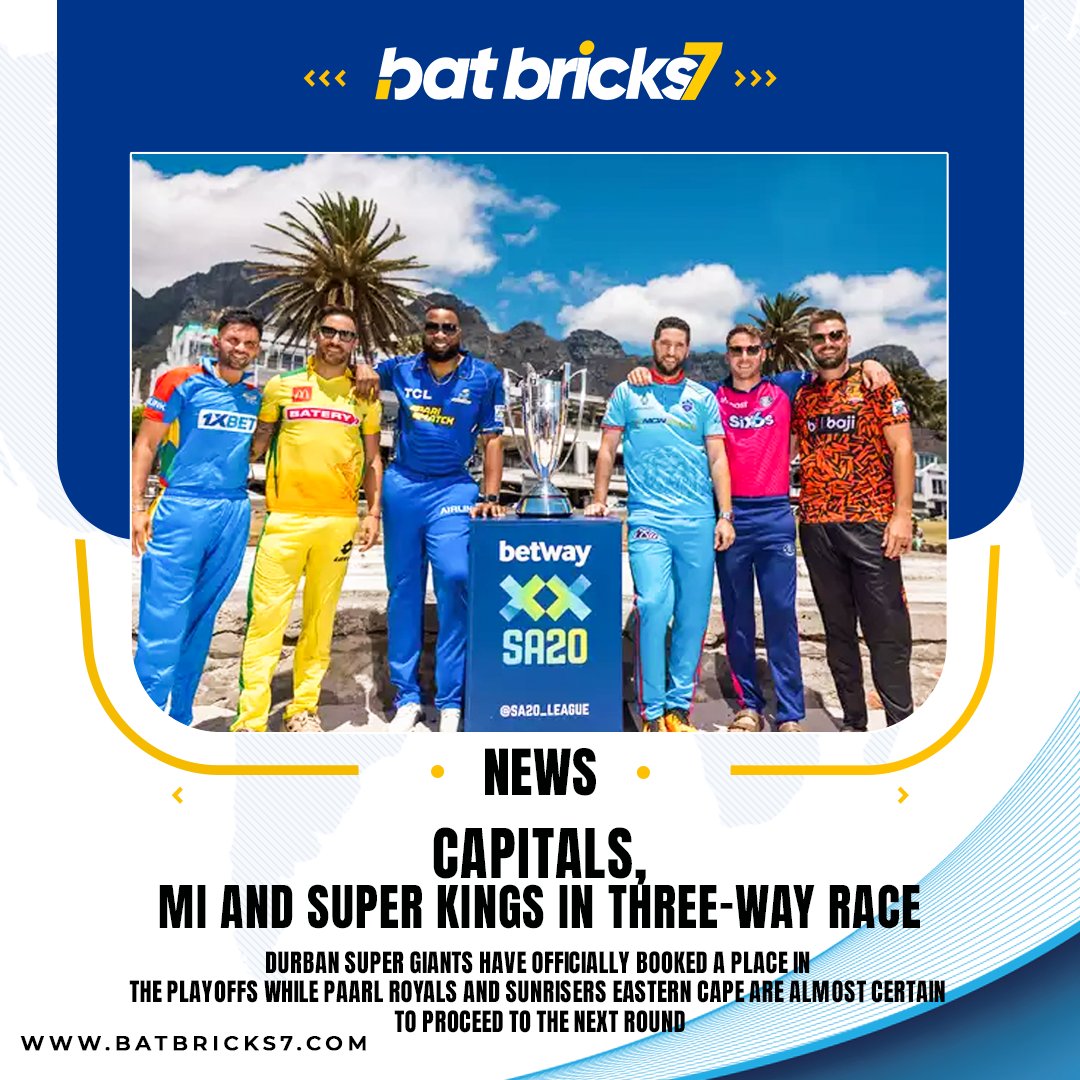 Batbricks7's tweet photo. SA20 QUALIFICATION SCENARIOS.

Capitals, MI and Super Kings in three-way race.
Durban Super Giants have officially booked a place in the playoffs while Paarl Royals and Sunrisers Eastern Cape are almost certain to proceed to the next round.

.
.
#batbricks7 #news #sa20 https://t.co/YCBFJtj0Wr