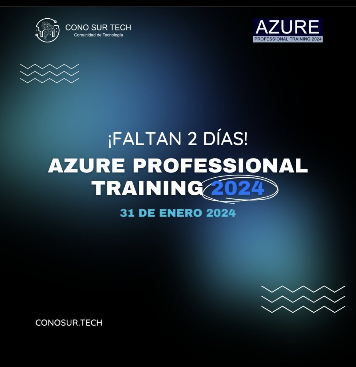 conosurtech's tweet photo. 📢 2 días para el #Azure #Professional #Training 2024 en #ConoSurTech! 🎓 Capacitación en ESPAÑOL 😎 y 100% GRATUITA 🤑
.
🎁 Inscríbete aquí: 👉 https://t.co/mvzVjrGomh
.
#Azure #Microsoft #MVPBuzz #ConoSurTech #AzureProfessionalTraining #AzureFundamentals #Curso #Gratis #Educacion #Tecnologia #Sistemas #Cloud