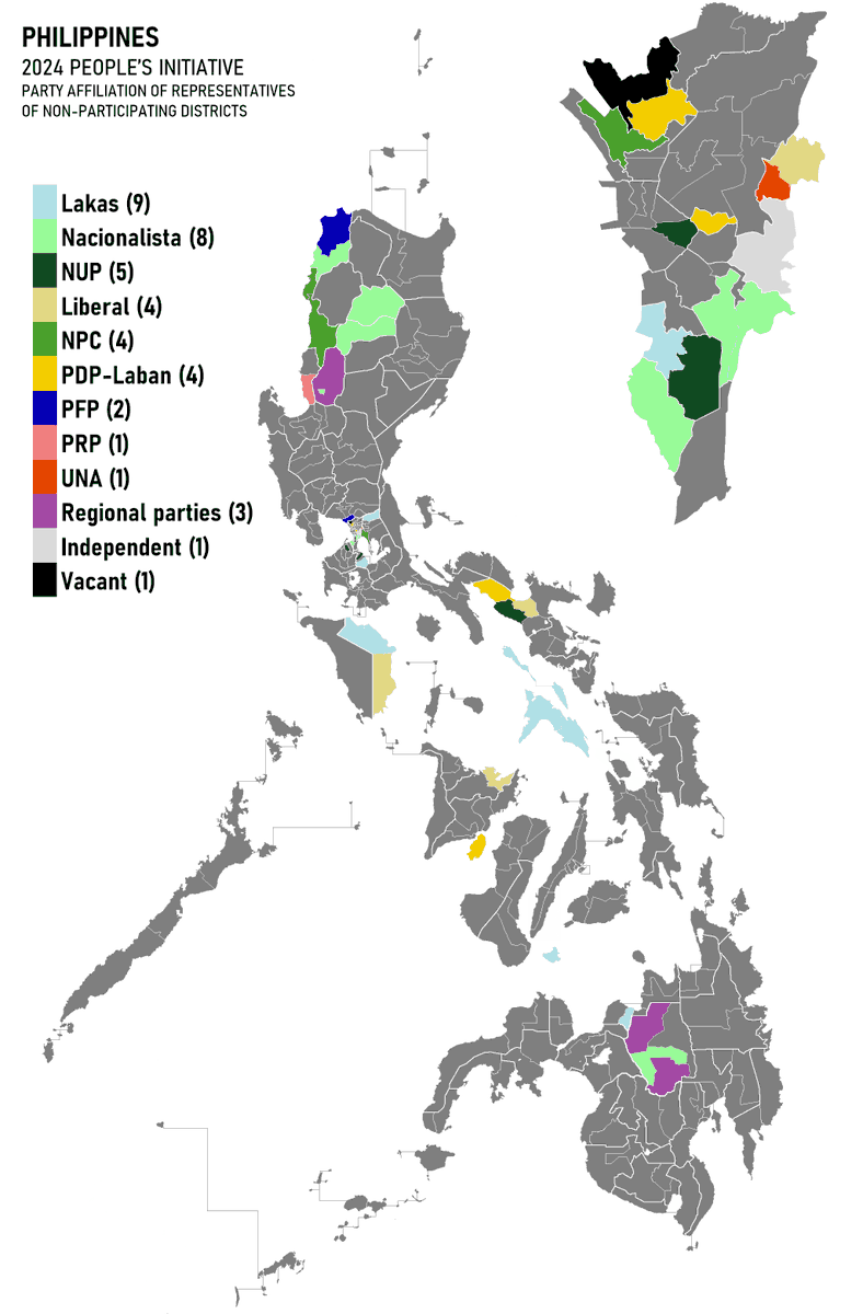 Philippines - 2024 People's Initiative Map showing the party affiliation of the representatives of congressional districts that did not participate in the People's Initiative (as of 29 January 2024).