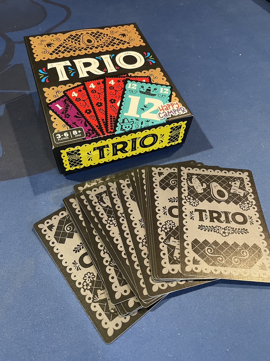 Jess picked up Trio from Happy Camper back at PAX Unplugged. There's a memory component to revealing 3 of a kind on your turn in order to win that run with options for different difficulty levels for the win condition. Very fun! What have you been playing? #WhatDidYouPlayMondays