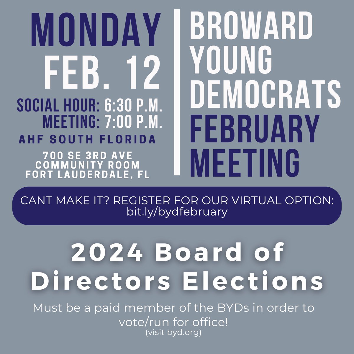 Join us on February 12 for our 2024 Board of Directors elections.

Remember, you MUST be a paid member to vote/run for a board position. Buy your 2024 membership today at byd.org.