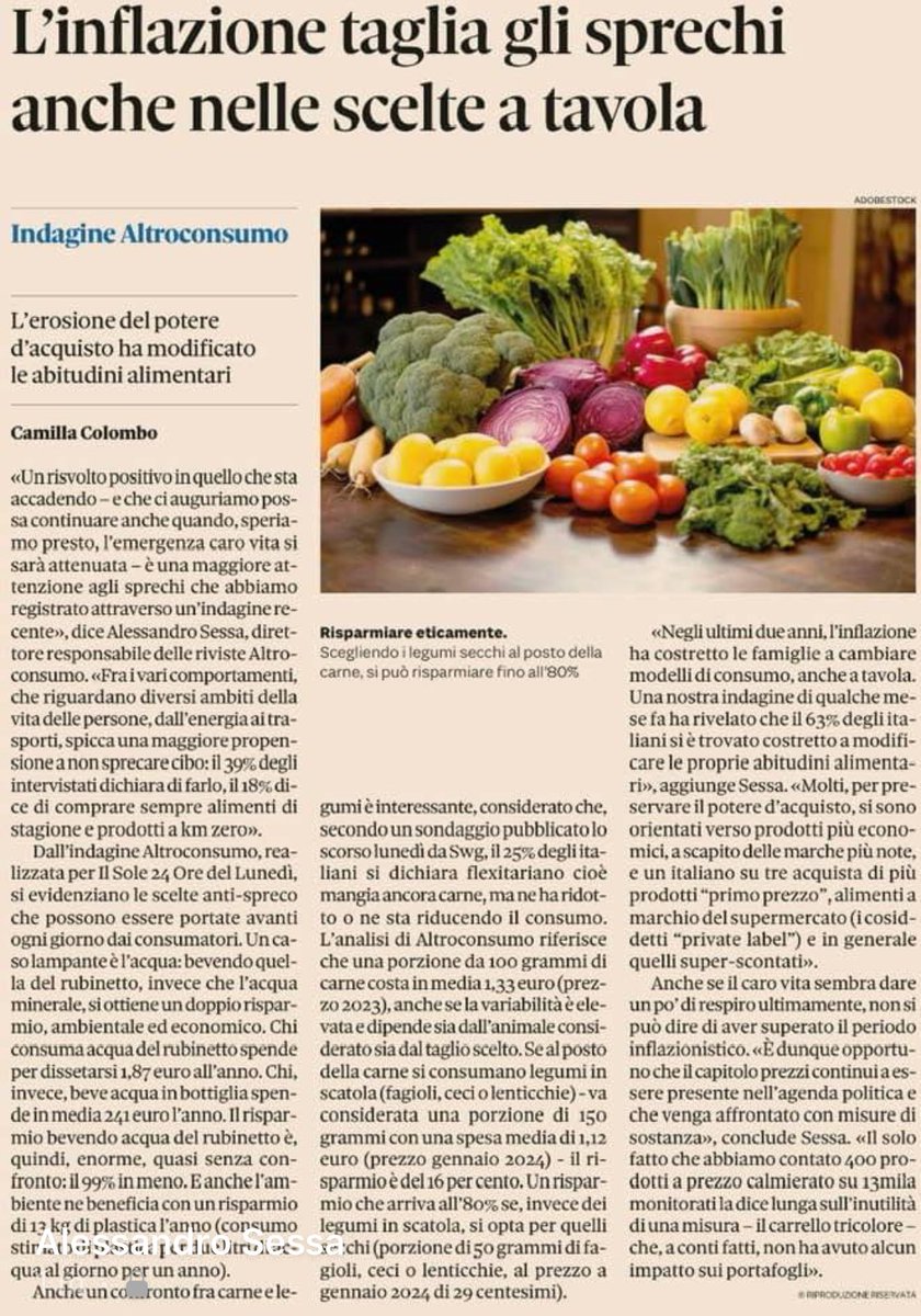 Come stanno cambiando le abitudini a tavola per fronteggiare l'inflazione? Le analisi di @Altroconsumo e alcune mie considerazioni in questo pezzo di @camillacolombo9 su @sole24ore di oggi.