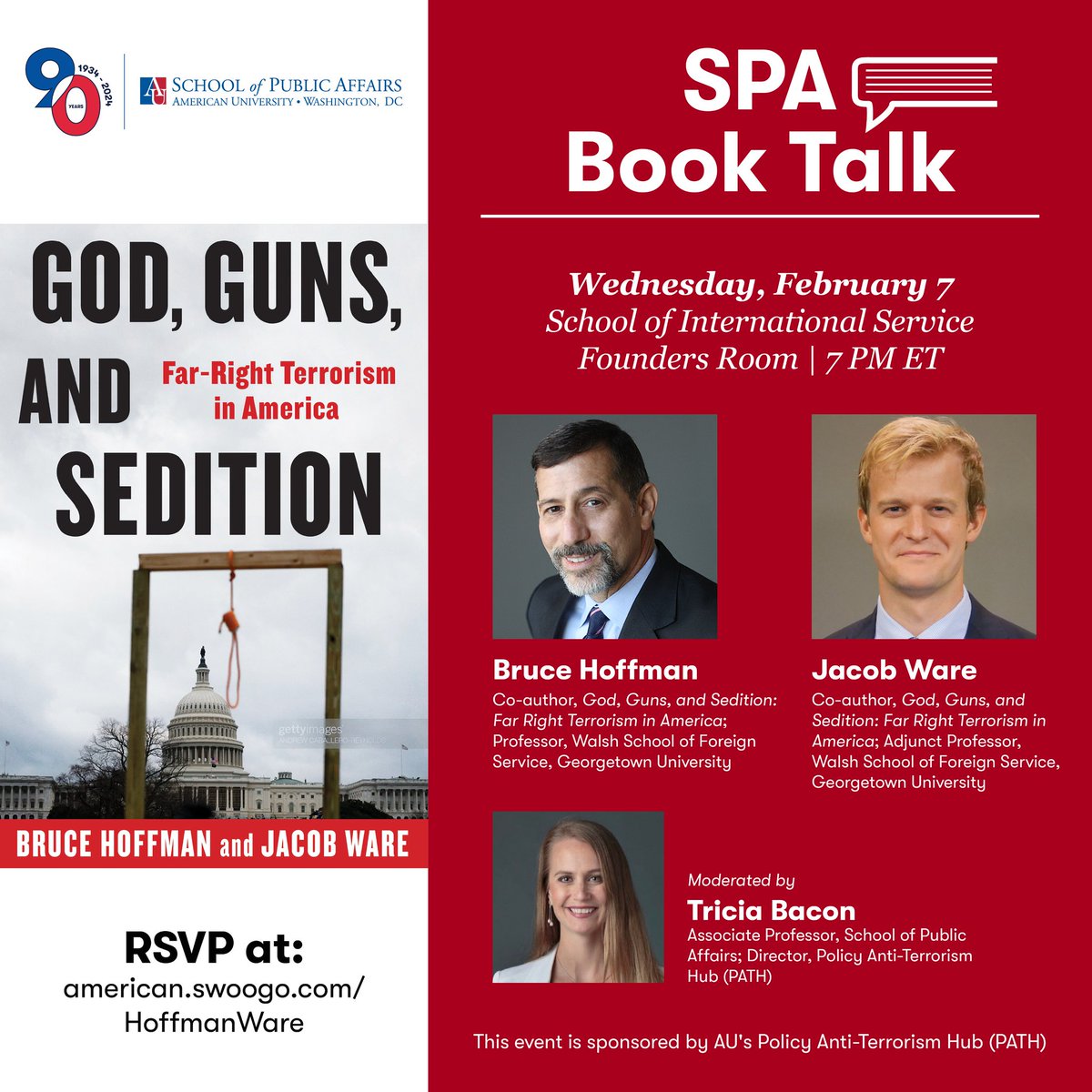 Join SPA on Wed., Feb. 7 at 7 p.m. as Prof. @tricbacon hosts a conversation with authors @hoffman_bruce and @Jacob_A_Ware about their thought-provoking book 'God, Guns, and Sedition.' RSVP: bit.ly/3OiEvto #BookTalk
