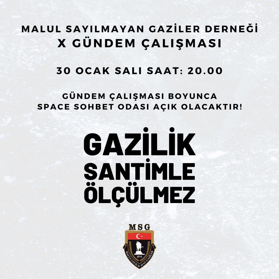 30 Ocak Salı günü Saat 20:00'da Bölücü terör örgütleri ile mücadele ederken yaralanan ancak Gazilik unvanını alamayan kahramanlarımızın sesini duyurmak için X'te gündem çalışması yapacağız.

Yüce Milletimizden kahramanlarımızın gündem çalışmasına destek vermelerini rica ediyoruz.