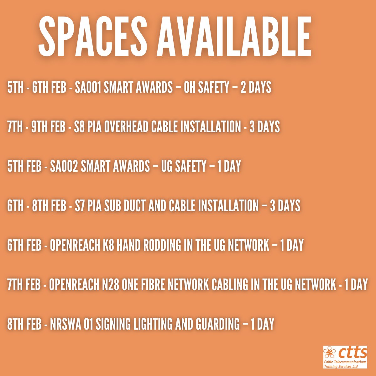 🚨 NEXT WEEK AVAILABILITY 👷‍♂️
Get in touch today! 📨☎
If the course you need isn't listed, get in touch to see what we can offer!
➡ cable-training.co.uk
☎ 01522 880900
📨 admin@cable-training.co.uk

#telecoms #telecomstraining #safeworking #CTTS #civilstraining #smartawards