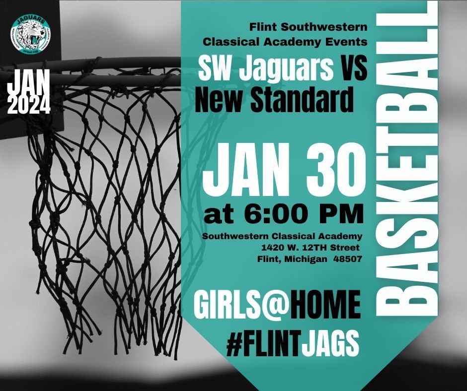 FlintSchools's tweet image. Get ready for an EPIC showdown! Join us TOMORROW at 6 PM for a thrilling battle between the Southwestern Jaguars and New Standard Girls Basketball team at Southwestern Classical Academy on January 30. It's going to be one for the books! #BasketballShowdown