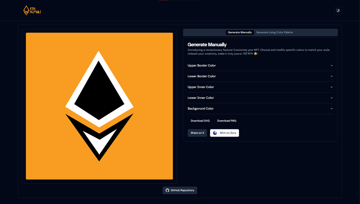 Code_Parth's tweet photo. 🚀 Exciting update! Our @ethmumbai challenge submission got a UX boost! 
🎨 Explore the logo customization at:
https://t.co/XfM3dlvacc

🌟 Plus, a new feature - [X Functionality]! 
Join the challenge and check it out. 🙌 
#ETHMumbai #Hackathon #Blockchain #NFTBuilder #UXUpgrade https://t.co/pH5TjioGRK