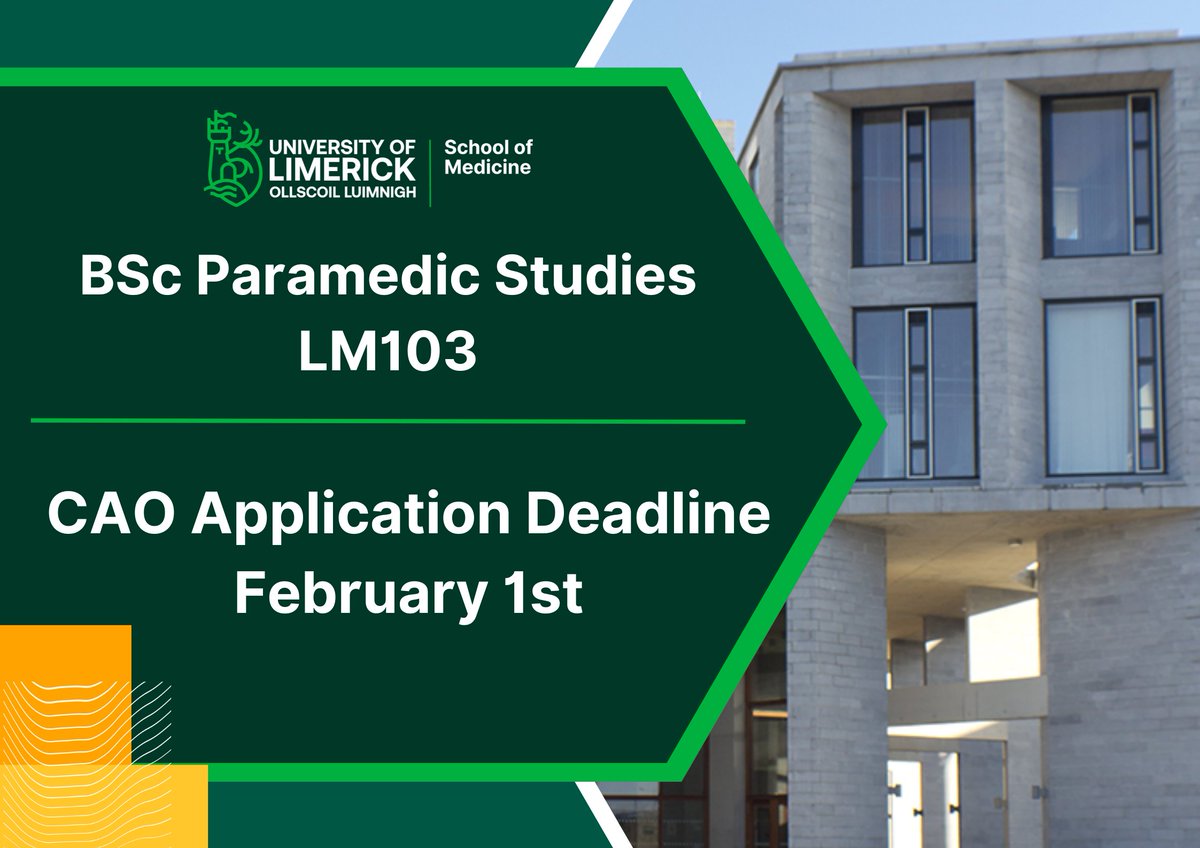 **Reminder** The CAO application deadline is rapidly approaching this Thursday February 1st! For more information on our programme, please click the link below or contact Paramedicstudies@ul.ie ul.ie/courses/bachel…