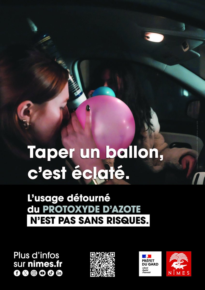 nimes's tweet photo. ⚠️L'usage détourné du protoxyde d'azote n'est pas sans risques 
👉 la Ville lance, lundi 29 janvier, une campagne de sensibilisation sur les risques encourus par l’usage du protoxyde d’azote, chez les jeunes
Toutes les infos ici ▶️ https://t.co/EuQETI9HAa https://t.co/ILZiOgPJNt