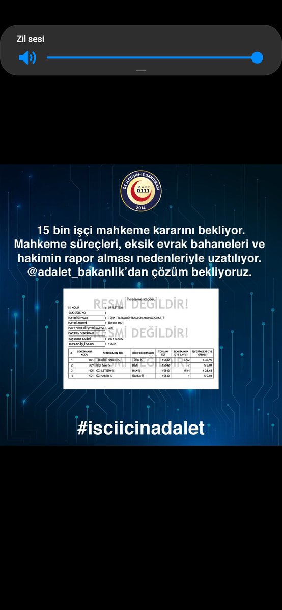 #isciicinadalet
15 bin işçi mahkeme kararını bekliyor. Mahkeme süreçleri, eksik evrak bahaneleri ve hakimin rapor alması nedenleriyle uzatılıyor. <a href="/adalet_bakanlik/">T.C. Adalet Bakanlığı</a>’dan çözüm bekliyoruz.
<a href="/UABakanligi/">T.C. Ulaştırma ve Altyapı Bakanlığı</a>   <a href="/csgbakanligi/">T.C. Çalışma ve Sosyal Güvenlik Bakanlığı</a>   <a href="/tcbestepe/">T.C. Cumhurbaşkanlığı</a>   <a href="/yilmaztunc/">Yılmaz TUNÇ</a>   <a href="/a_uraloglu/">Abdulkadir URALOĞLU</a>