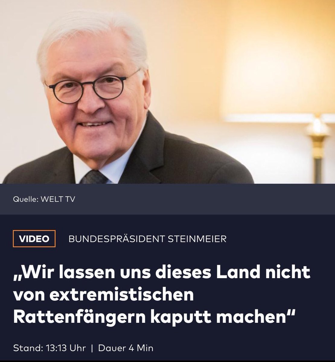 MrDavidTreets's tweet photo. Der deutsche Bundespräsident #Steinmeier bezeichnet tatsächlich einen Teil der Bürger als „Ratten“ und die Politiker einer demokratisch gewählten Partei als „Rattenfänger“.
Es geht wieder los!
Die diffamierende #Rhetorik der #Corona-Zeit ist zurück.
Schämen Sie sich❗️
#DeshalbAfD https://t.co/cmIfmyUhYv