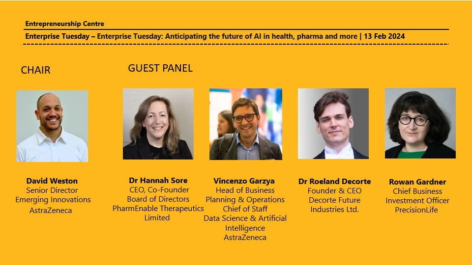 We have an amazing line up of speakers for #EnterpriseTuesday on 13 Feb 2024. Looking forward to a great debate on the future of #AI in #health, #pharma and more. Register soon at jbs.cam.ac.uk/entrepreneursh…
<a href="/AstraZeneca/">AstraZeneca</a> <a href="/PharmEnable/">PharmEnable Therapeutics</a> <a href="/DecorteFuture/">Decorte Future Industries</a> <a href="/precisionlifeAI/">PrecisionLife</a> <a href="/Cambridge_Uni/">Cambridge University</a>