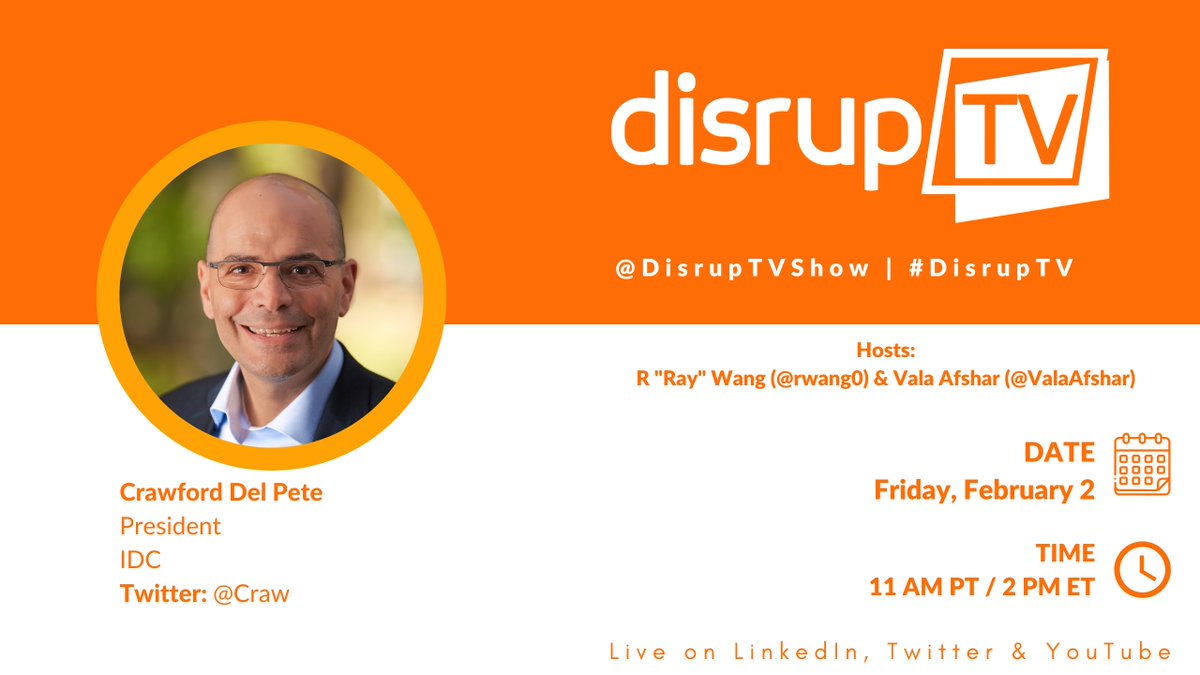 On Friday @DisrupTVShow interviews @Craw, President @IDC to talk tech adoption trends, future of work and more! Tune in at 11 AM PT/2 PM ET! bit.ly/493VhEm @ValaAfshar @rwang0 #DisrupTV