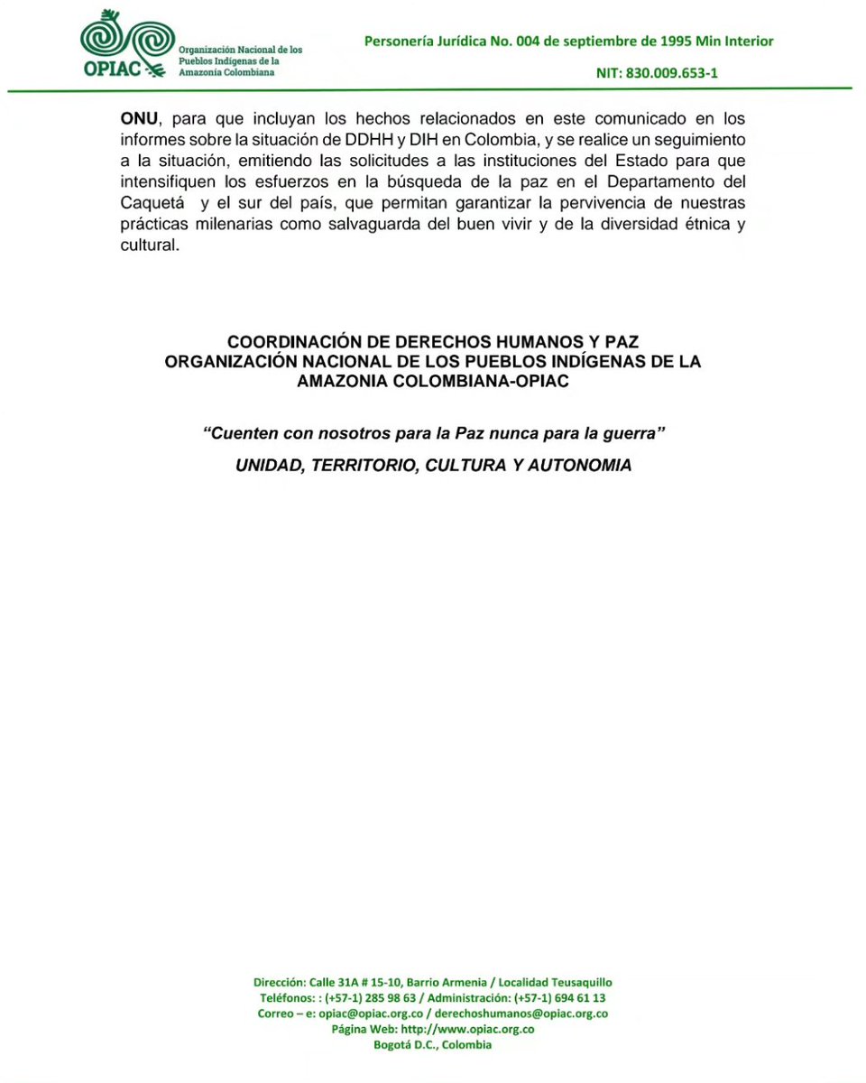 📢📢 Desde La Coordinación de Derechos Humanos y Paz de OPIAC, hacemos el llamado a las instituciones gubernamentales, locales e internacionales a tomar medidas inmediatas para proteger a los Pueblos Indígenas afectados en el Departamento del Caquetá.