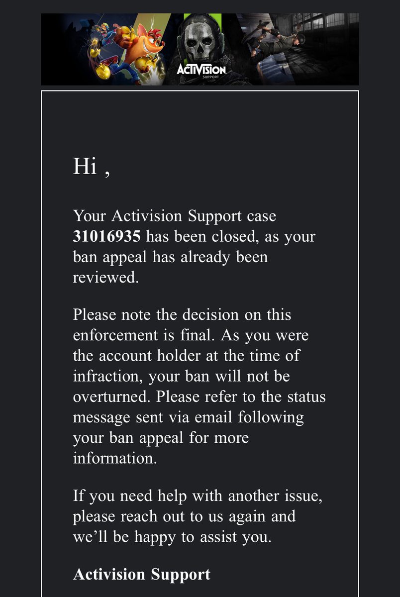 TL_Actual's tweet photo. @ATVIAssist I have an open case that NOBODY can seem to solve. I am shadowbanned (according to the appeal a ban site). Activision sent an email saying I was banned (not to be overturned) https://t.co/iR7H1T7oHR https://t.co/09xp7Uivd9