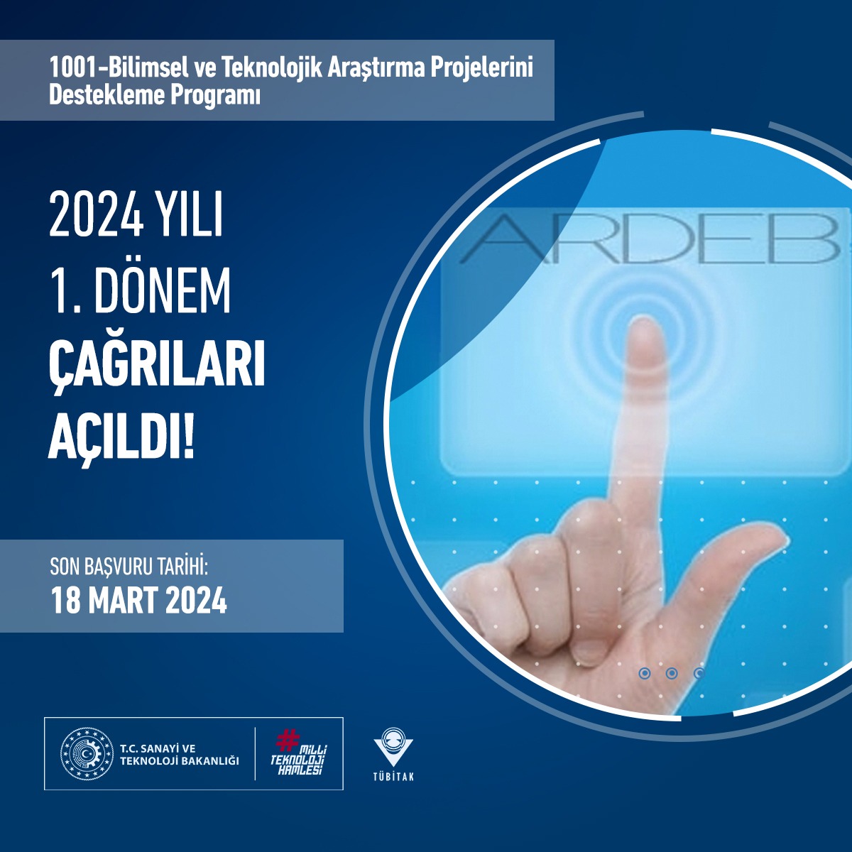 📢 ARDEB tarafından yürütülmekte olan 1001 Programının 2024 yılı 1. dönem başvuruları alınmaya başlandı! Çevrim içi başvurular için son tarih: 🗓️ 18 Mart 2024 E-imza sürecinin tamamlanması için son tarih: 🗓️ 21 Mart 2024 Detaylar: 👇 tubitak.gov.tr/tr/duyuru/arde…