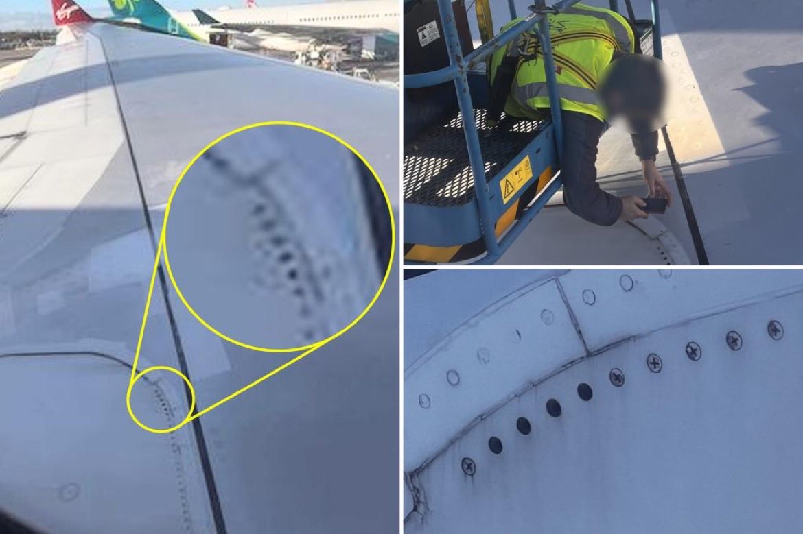 CerfiaFR's tweet photo. 🚨🇬🇧✈️ FLASH | Un voyageur a repéré des vis manquantes sur l'aile d'un Airbus à #Manchester et a fait annuler le vol qui était à destination de #NewYork. https://t.co/dMSImgrHbr