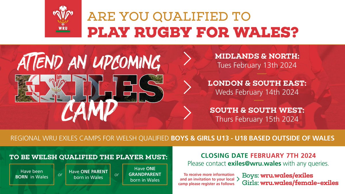 Welsh qualified and based outside Wales ? Attend one of the forthcoming popular @WelshRugbyUnion Exiles camps for u13-u18 boys and girls of all standards. Register at wru.wales/exiles for more details. #WelshRugby #WRUExiles