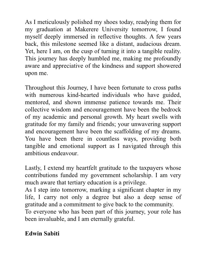 sabiti_edwin's tweet photo. Today I graduated from Makerere University with a degree of Bachelor of laws. I was also privileged to be handed, by the Chief Justice, the @ug_lawsociety award in recognition of graduating among the best three students in my class. I pray that the next journey is kind to me🙏 https://t.co/3TwuGVvbQA