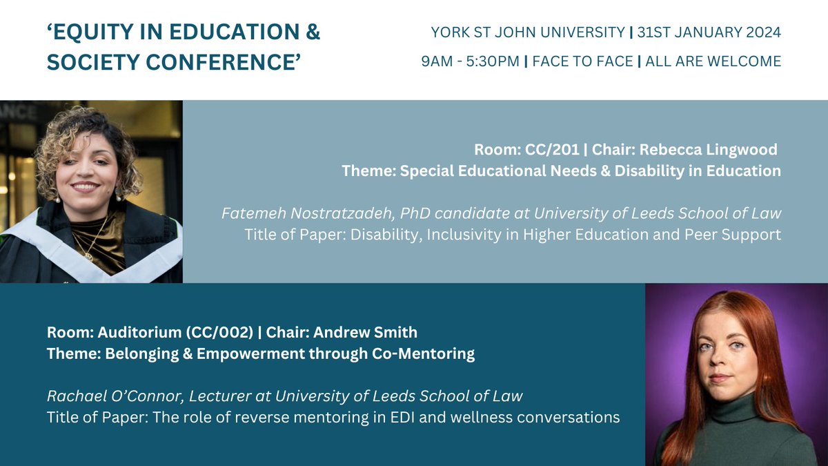 Are you in York on Wednesday? Come and support two members of our School, @RachaelOConnor4 & Fatemeh Nostratzadeh, as they present their papers at the 'Equity in Education & Society' Conference organized by @EdEqServices in association with @YorkStJohn! instituteforequity.ac.uk/wp-content/upl…
