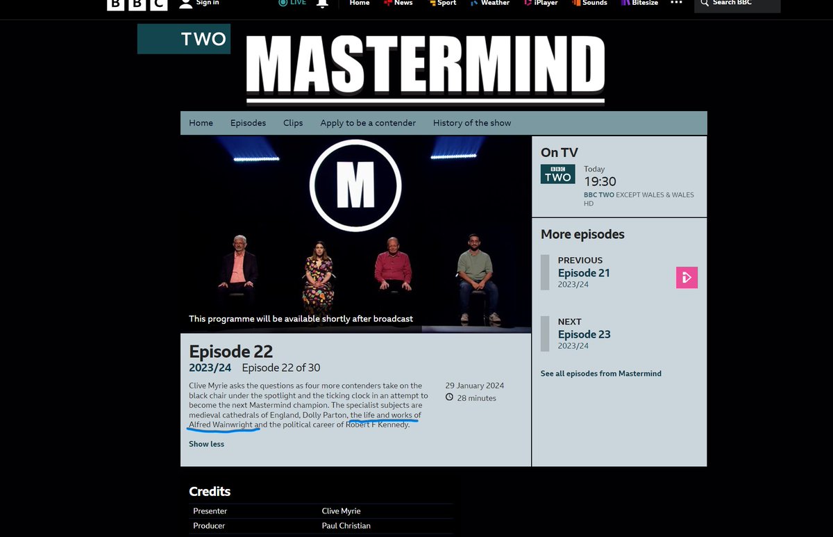 Pitch your AW knowledge against one of the Mastermind contenders tonight who's answering questions on the life and works of Alfred Wainwright - 7.30 pm on BBC 2 and iPlayer.
I won't reveal my own score !