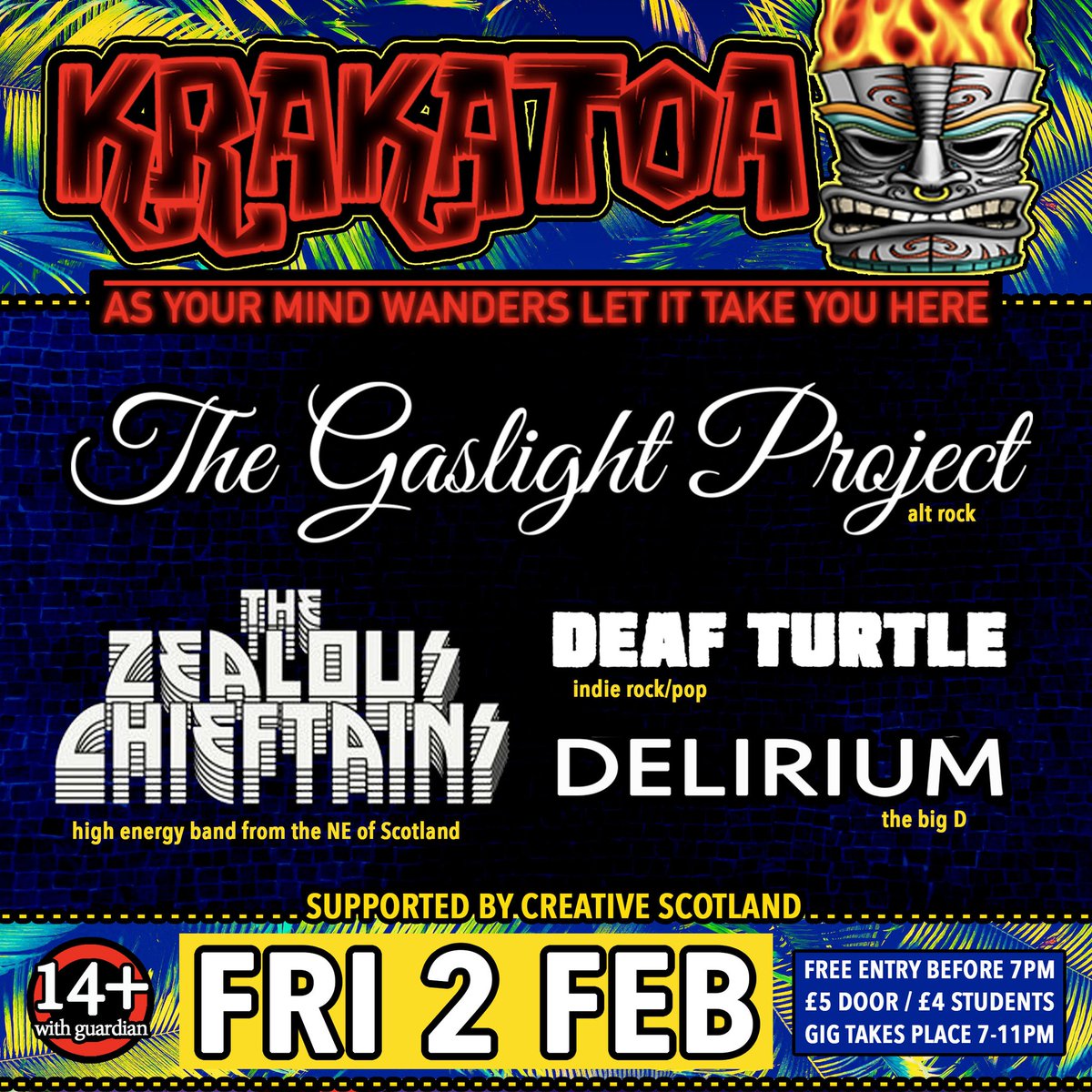 #Friday #Aberdeen #Krakatoa
#THEGASLIGHTPROJECT 
#THEZEALOUSCHIEFTAINS
#DEAFTURTLE
#DELIRIUM
#NeonLounge
#FudgeAberdeen
#VolcanicTiki
#CreativeScotland
#SeenInTheDeen #Live #Music #Bands #Gig #IndependentVenue #WorkerOwned #CIC #HarbourLife