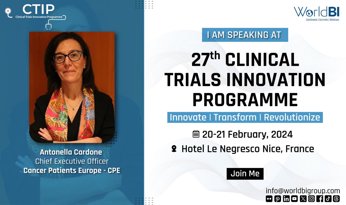 📷 On the 21st of  February, our CEO Antonella Cardone, will speak about the use of #telemedicine in cancer clinical trials at the 27th Clinical Trials Innovation Programme (CTIP).

Register Now 👇worldbigroup.com/27th-Clinical-…

#clinicaltrials #patientcentricity #cancerpatients