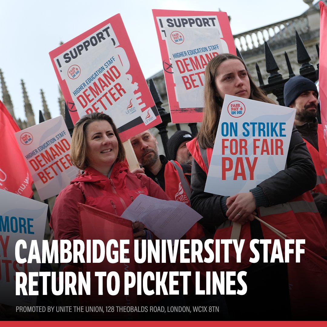 UniteLondonEast's tweet photo. Vital workers at Cambridge University are taking to the picket line in an escalation of strike action over the low pay they are receiving and the refusal to offer a fair increase.

https://t.co/KAuE9dfwLC https://t.co/eLlOsN2ENf