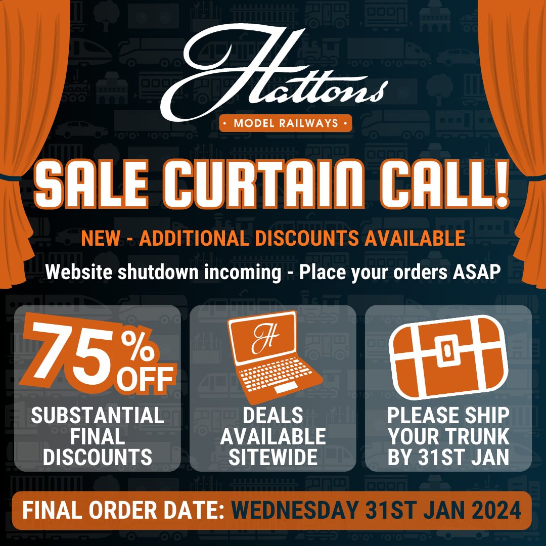 ⌛️ Time is running out to shop at Hattons! You will no longer be able to place orders from Weds 31st Jan 2024. Shop now: bit.ly/49d2hil

As a parting gesture to our loyal customers, we have made additional substantial discounts - now up to 75% off.