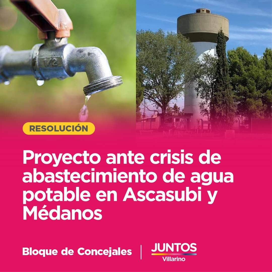 LucreciaNovo's tweet photo. Desde el Bloque de Concejales de Juntos #Villarino exigimos una acción inmediata ante la crisis de agua potable. 
Solicitamos reunión urgente con ABSA para informar sobre trabajos, mantenimientos y mejoras en el servicio. 
También pedimos al Ejecutivo municipal informes... https://t.co/nWuOwje0NH