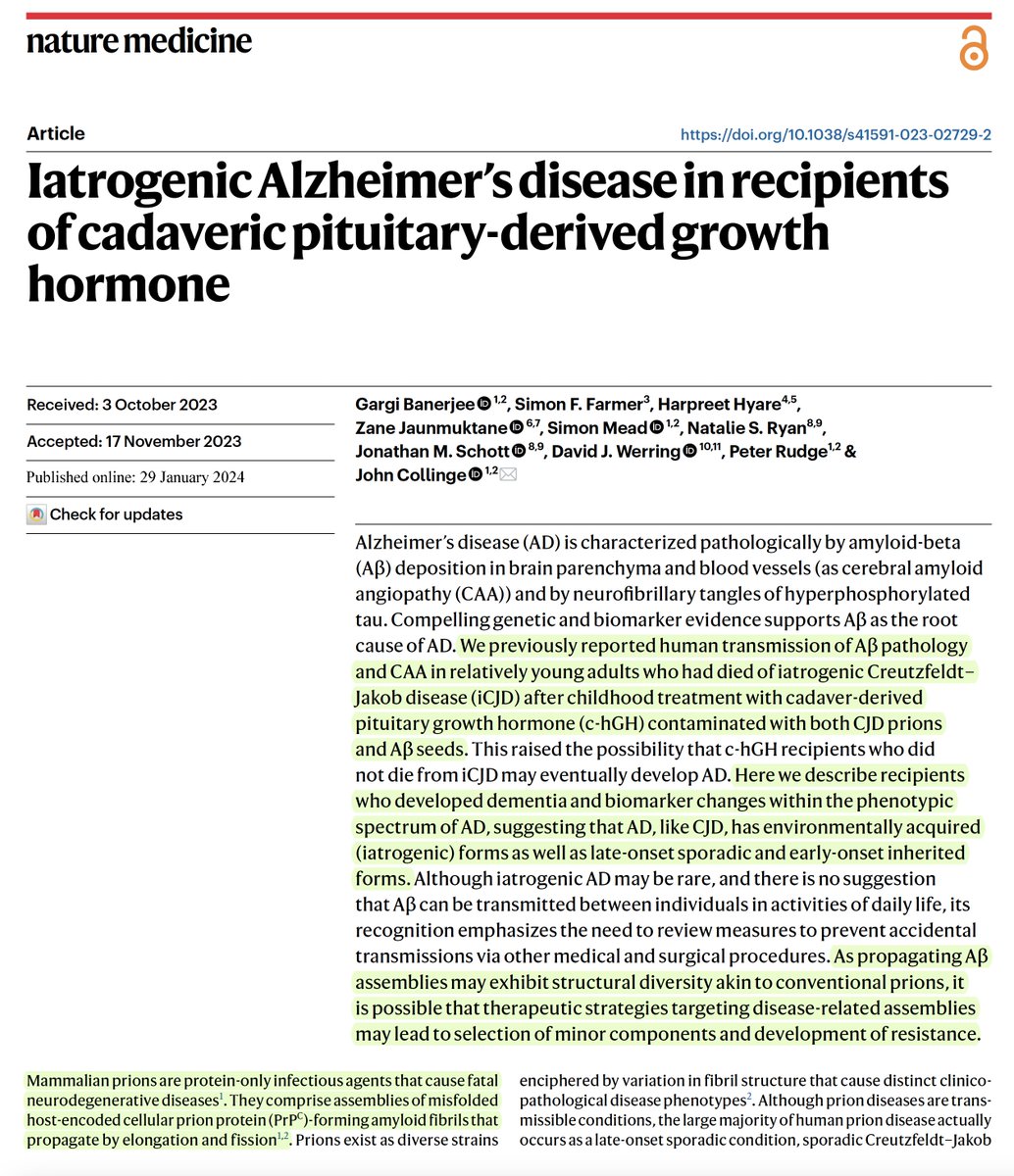 First documented transmission of #Alzheimers disease from cadaveric pituitary tissue for growth hormone, a procedure fortunately no longer used nature.com/articles/s4159… @NatureMedicine