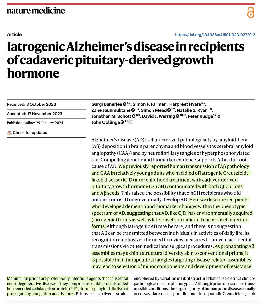 Eric Topol (@erictopol) on Twitter photo First documented transmission of #Alzheimers disease from cadaveric pituitary tissue for growth hormone, a procedure fortunately no longer used
nature.com/articles/s4159ā¦
<a href="/NatureMedicine/">Nature Medicine</a> First documented transmission of #Alzheimers disease from cadaveric pituitary tissue for growth hormone, a procedure fortunately no longer used
nature.com/articles/s4159ā¦
<a href="/NatureMedicine/">Nature Medicine</a>