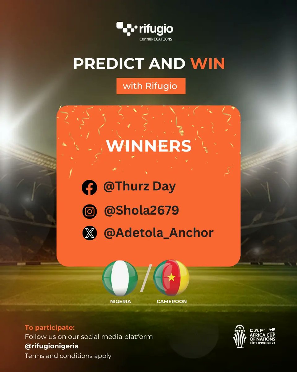 RifugioNigeria's tweet photo. Congratulations to our first set of winners!🥳🎉💯

Kindly check your DM @Adetola_Anchor for more information on how to redeem your prize. 

#afcon
#rifugio
#predictandwin
#afconchallenge
#Rifugioafcon 
#AFCON2024 https://t.co/D9upIkbryd