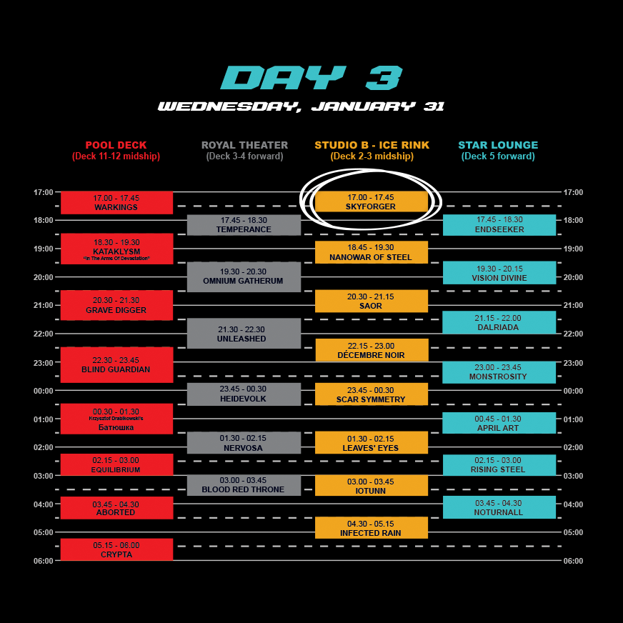 skyforger's tweet image. Running Order for 70000TONS OF METAL 2024

SKYFORGER will deliver two different sets, no song repeats! Catch us also at Meet &amp;amp; Greet!

DAY 1 - Star Lounge at 02.15 - 03.00
DAY 3 - Studio B Ice - Rink at 17.00 - 17.45

@70000tons
#70000tons #MetalCruise #Skyforger #Latvia