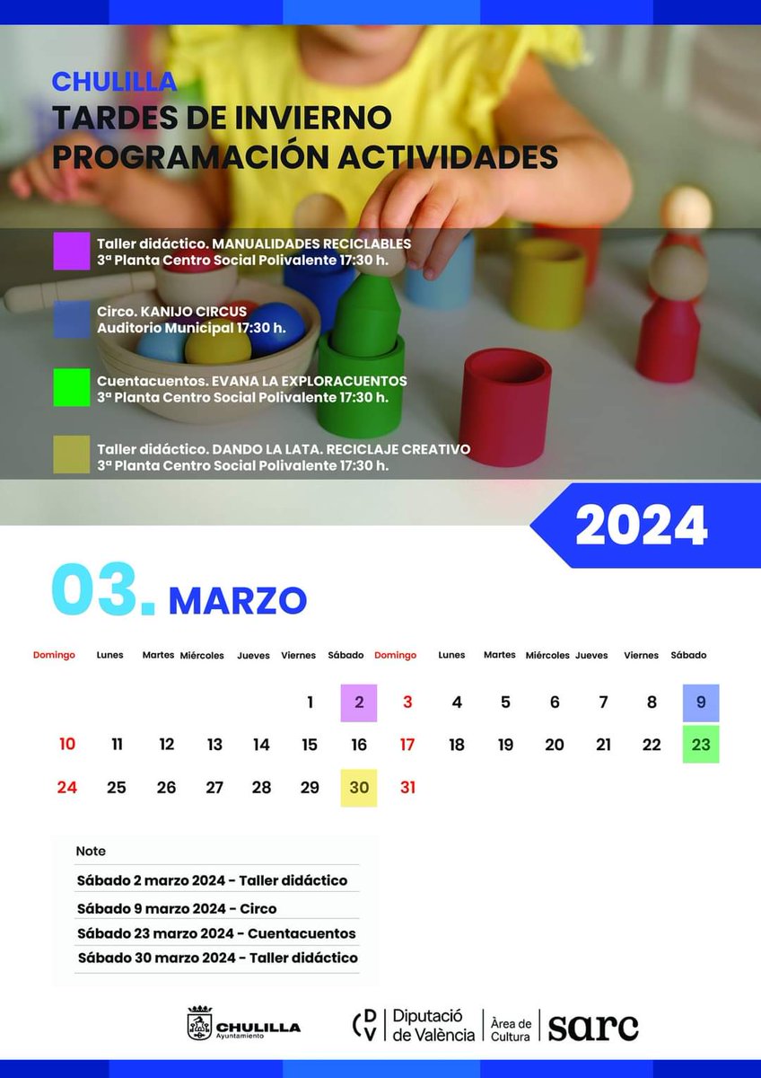 📅¡¡ Viernes o Sábados de febrero y marzo.

🏠 Lugar: Centro Social/Auditorio

📌 Dirigido:
- Talleres y Cuentacuentos para niñ<a href="/s/">『S』</a> de Infantil y Primaria
- Circo y Magia: todos los públicos 

⏰Horario: 17,30h
📔Organiza: Ayuntamiento de Chulilla (Concejalía de Cultura)