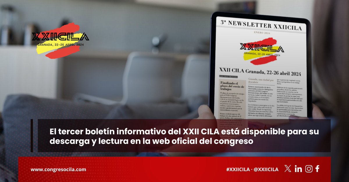 XXIICILA's tweet photo. 📥¡Ya está disponible online nuestro tercer boletín informativo en https://t.co/LfVGcN4jdt!

En él encontraréis información sobre
📑 #TrabajosTécnicos recibidos
🤝 Integrantes del #ComitéTécnico
📌 La ciudad de Granada y su oferta hotelera
🔐 Modalidades de inscripción y tarifas https://t.co/0ugOak6eAu