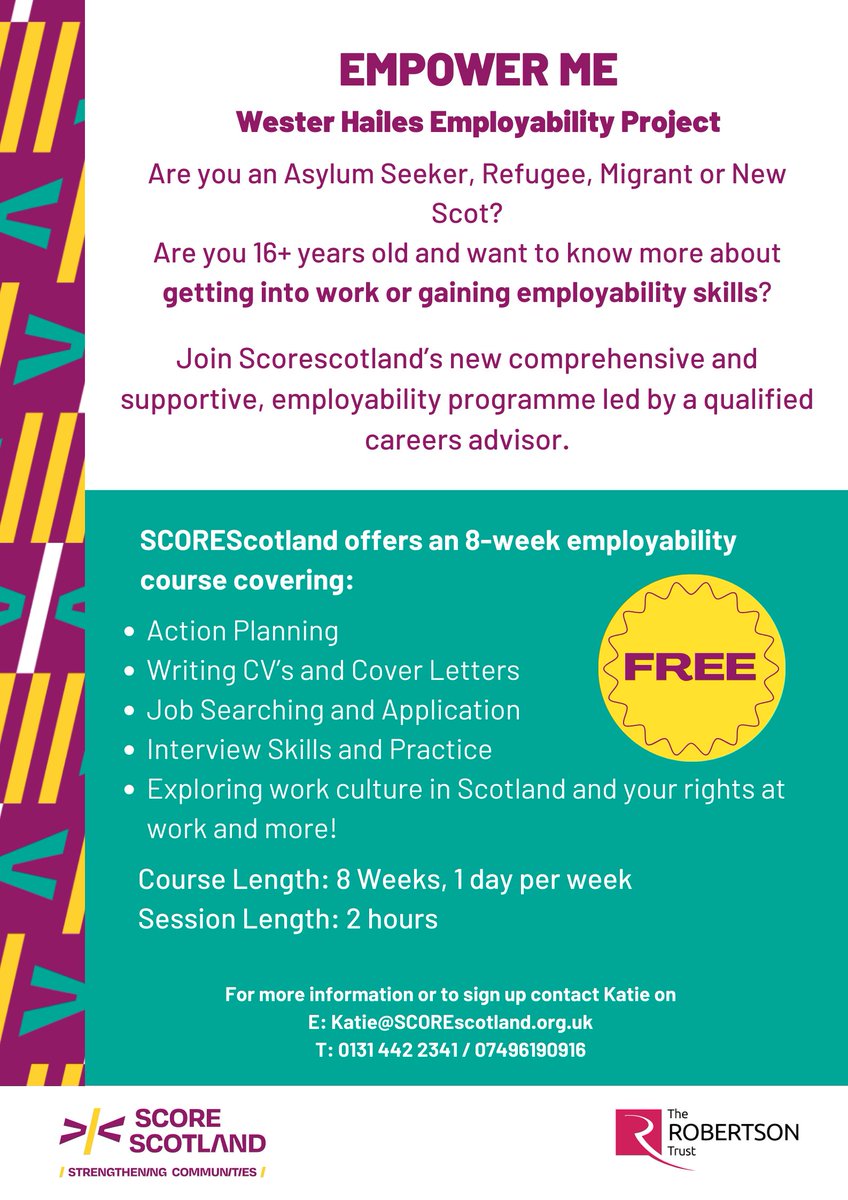 @SCOREscotland are proud to present our new #free #employability service, #EmpowerME. Want more details? Get in touch today!
#Edinburgh #NewScots #Community #Support