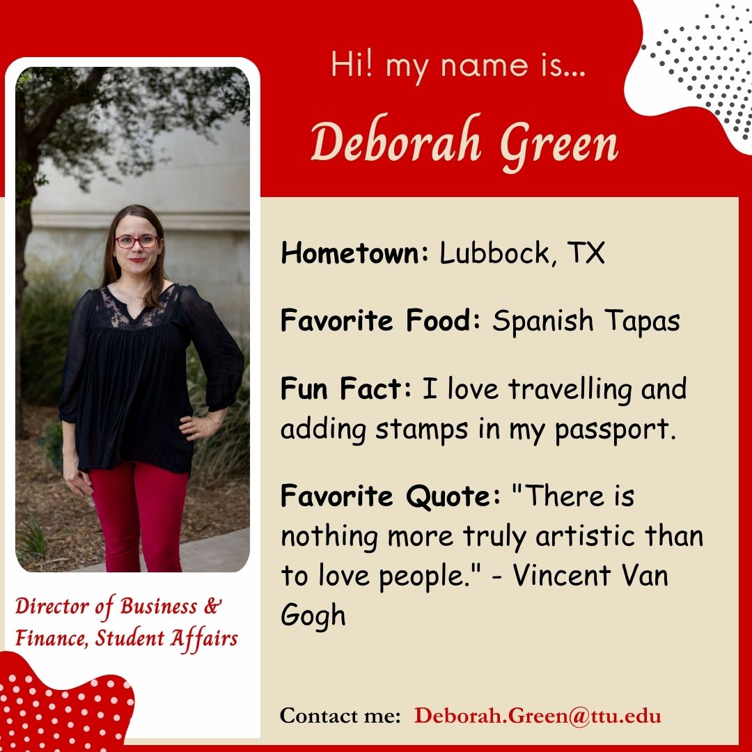 Continuing our team Introductions, meet our Director of Business and Finance, Student Affairs- Deborah Green!