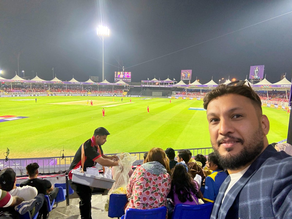 superioradil's tweet photo. Enjoying an electrifying evening at the DP World ILT20! 🏏 Witnessing the thrilling clash between Dubai and Sharjah. Rooting for Team Dubai to bring home the win! Let's go, Dubai! 
#AdilIsmail #DPWorldILT20 #DubaiPride #CricketFever 🌟 https://t.co/h3XNCuyONf