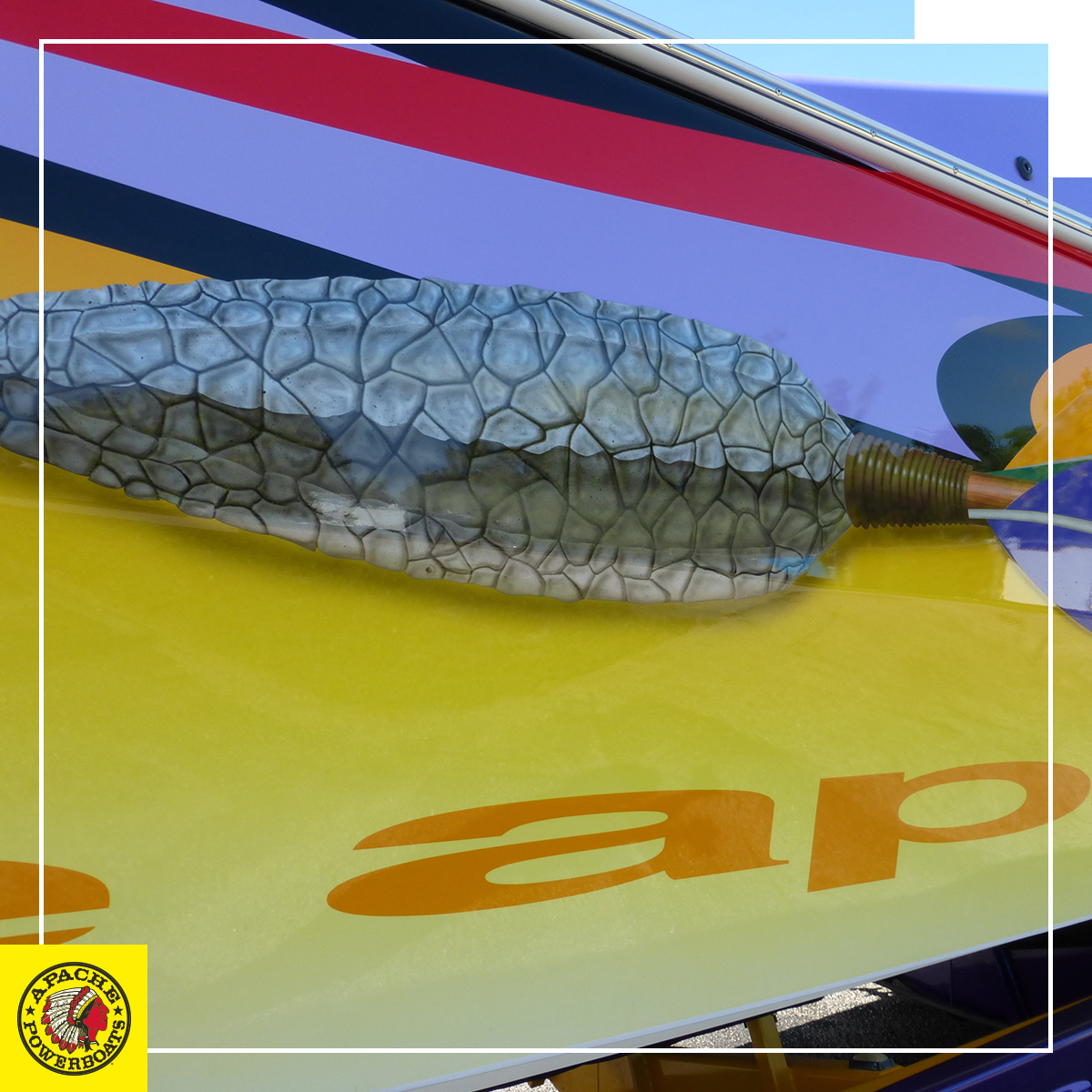 ApachePowerboat's tweet photo. While Apache Powerboats represents power and performance, each hull is also a bespoke showpiece featuring custom artwork and graphics. Who can name the boat with this iconic hull design? #ApachePowerboats #Apache #Powerboats #Boats #Boating #OffshoreRacing #OffshoreBoating https://t.co/QEVtPWllZf