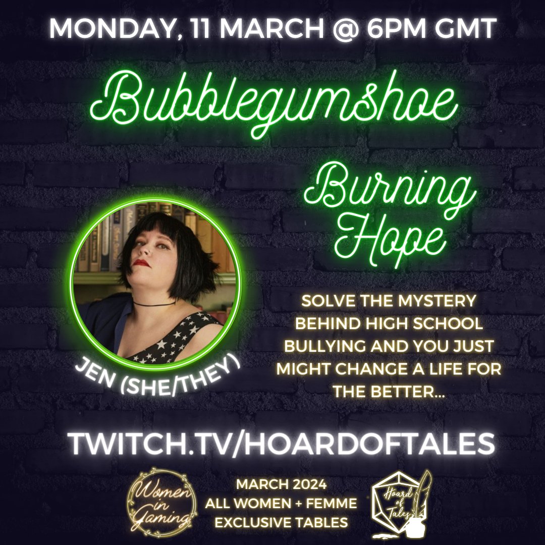 Bubblegumshoe is an ENNIE winning game by <a href="/emilycare/">Emily Care 🏳️‍🌈 - #CloseTheCamps #AbolishICE</a> <a href="/kennethhite/">Kenneth Hite</a> &amp; Lisa Steele (from <a href="/EvilHatOfficial/">Evil Hat Productions</a>) where the players are teenage sleuths solving mysteries in their town. Sign up for GM <a href="/TheJenya/">Jen Vaughn 👻</a>'s one shot, "The Wrong Kind of Message or Burning Hope", scheduled for 11 March