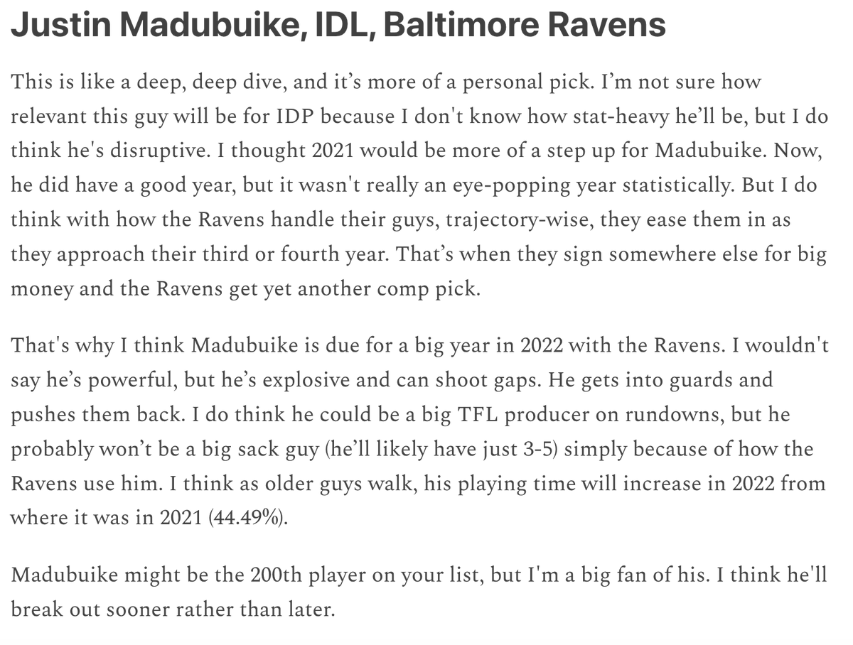 theidpshow's tweet photo. With the Ravens going out last night, it reminded us of the Justin Madubuike call @Nate_Tice had on our show all the way back in 2022! 🤯

It took an extra season for Madubuike to hit his ceiling, but boy, did he ever deliver for IDP in 2023.

And yeah, he's about CASH IN 🤑 https://t.co/C1ewhEWCXe