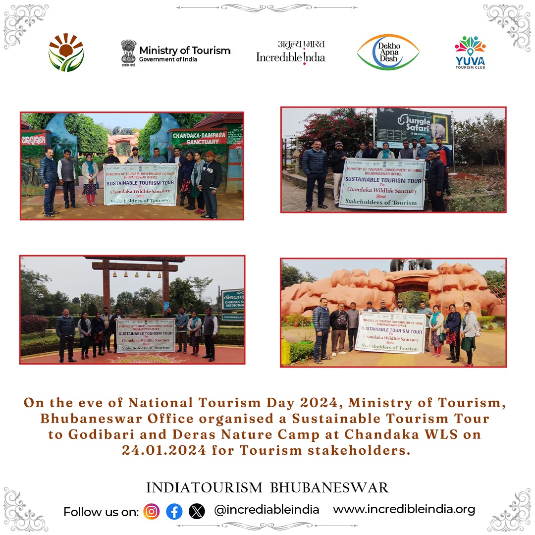 On the eve of National Tourism Day 2024, Ministry of Tourism, Bhubaneswar Office organised a Sustainable Tourism Tour to Godibari and Deras Nature Camp at Chandaka WLS on 24.01.2024 for Tourism stakeholder