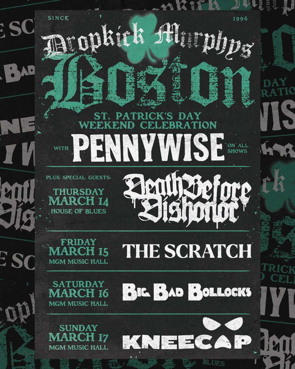 Opening bands announced for the St. Patrick’s Day Weekend Celebration shows with #DropkickMurphys. See you in the pit, Boston.