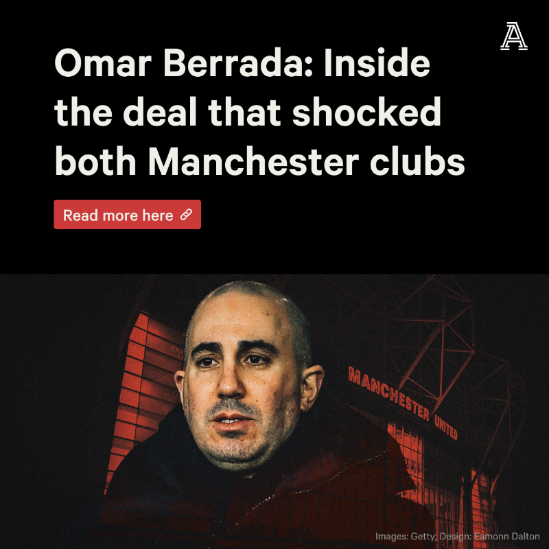 TheAthletic's tweet photo. 🔴 Emergency #MUFC leadership meeting
🔴 Talks with the Glazers in Monaco
🔴 Brailsford first interested in #MCFC executive in December

Inside the Omar Berrada deal that shocked both Manchester clubs.