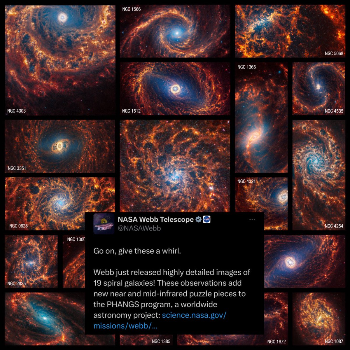 CerebrosG's tweet image. El Telescopio James Webb acaba de publicar imágenes muy detalladas de 19 galaxias espirales.

Estas imágenes de Webb son parte de un proyecto, el programa Physics at High Angular resolution in Nearby GalaxieS, que cuenta con el apoyo de más de 150 astrónomos de todo el mundo.
