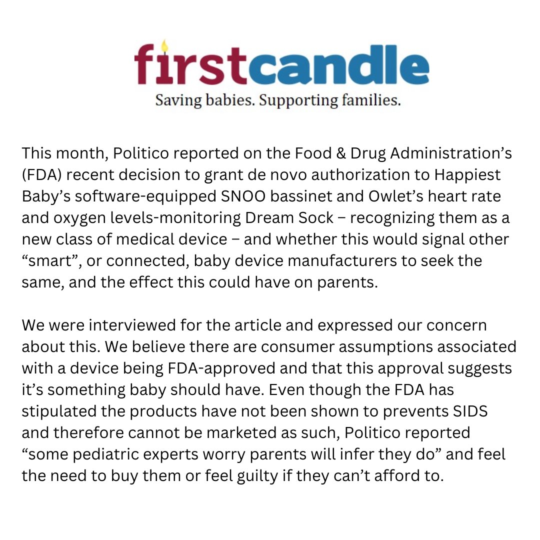 IowaSids's tweet image. Please read this letter from First Candle CEO Alison Jacobson regarding FDA approval of the SNOO Bassinet and Owlet Dream Sock in 2023.
